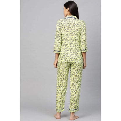 PKRKART Women's Casual 3/4 Sleeve Floral Printed Rayon Shirt With Pyjama Pant Night Suit Set (Green)