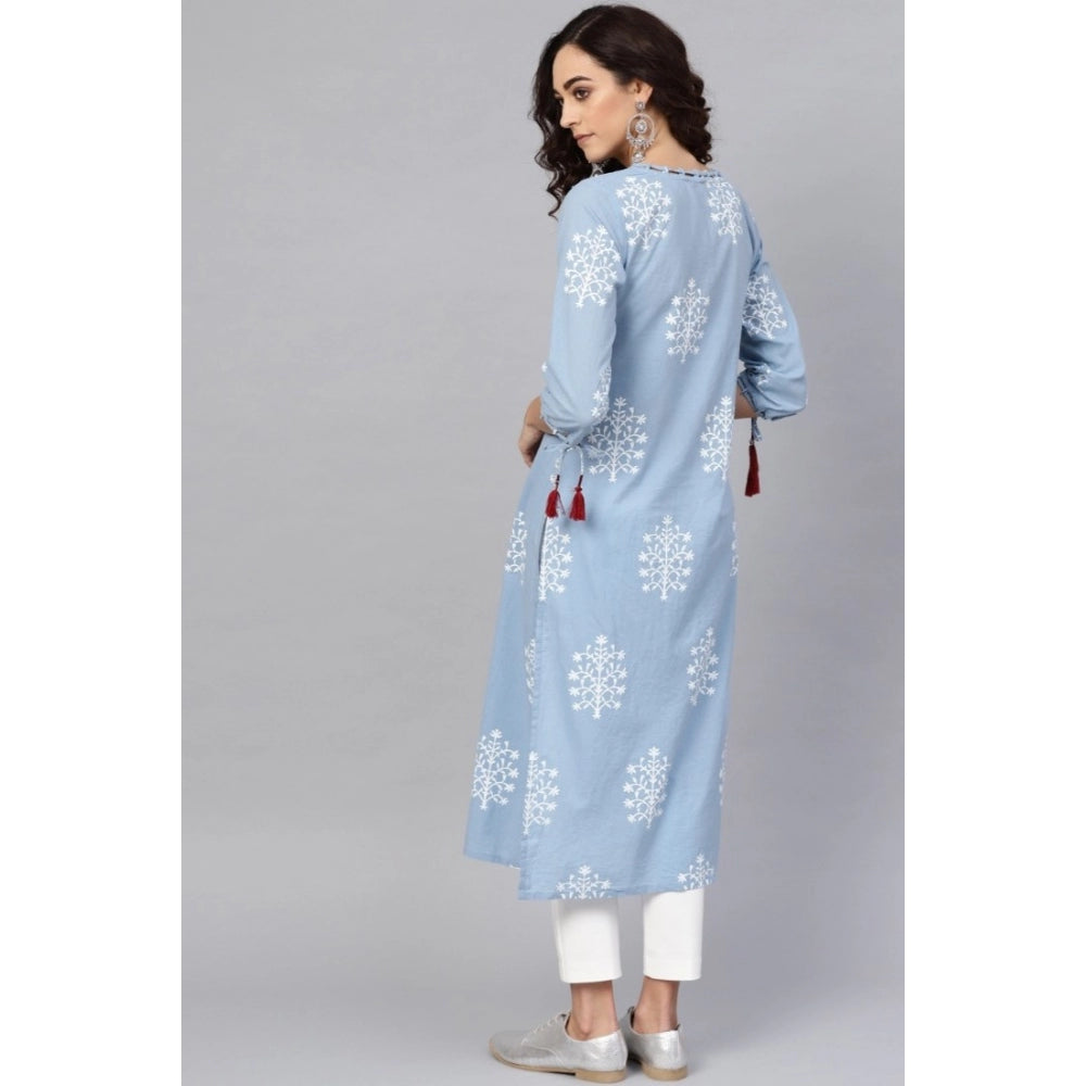 pkrkart Women's Casual 3/4 th Sleeve Embroidery Cambric Cotton Kurti (Blue)
