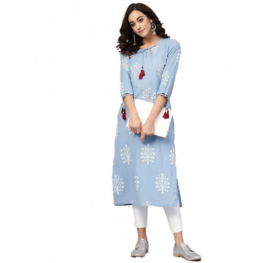 pkrkart Women's Casual 3/4 th Sleeve Embroidery Cambric Cotton Kurti (Blue)