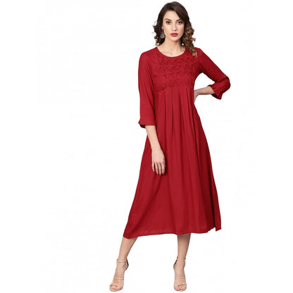 PKRKART Women's Casual 3/4 th Sleeve Solid Rayon Dobby Dress (Maroon)