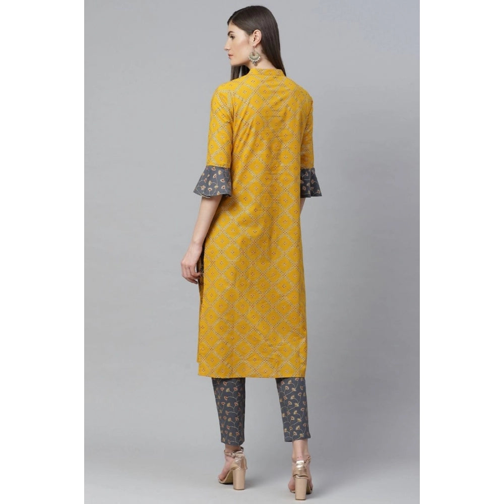 pkrkart Women's Casual Bell Sleeves Geomatrical Printed Cotton Kurti Set (Yellow)