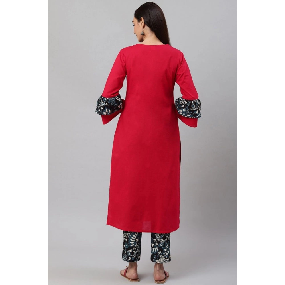 pkrkart Women's Casual Bell Sleeves Floral Printed Cotton Kurti Set (Rani Pink)