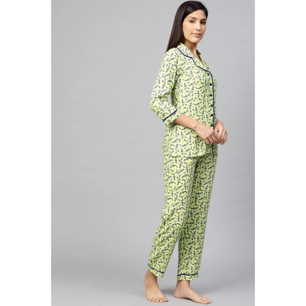 PKRKART Women's Casual 3/4 Sleeve Floral Printed Rayon Shirt With Pyjama Pant Night Suit Set (Green)