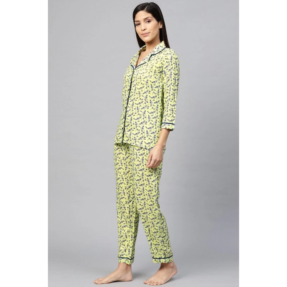 PKRKART Women's Casual 3/4 Sleeve Floral Printed Rayon Shirt With Pyjama Pant Night Suit Set (Green)
