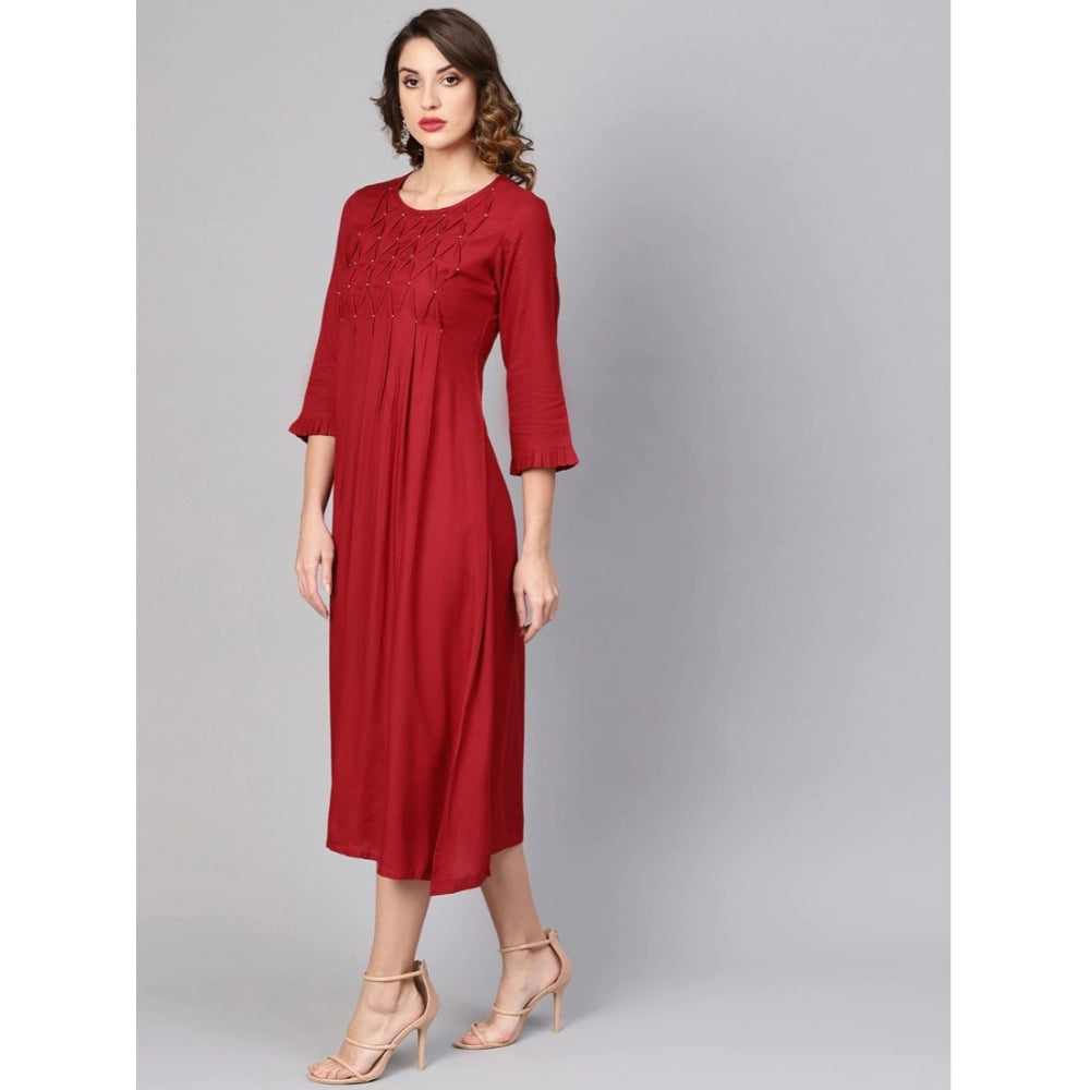 PKRKART Women's Casual 3/4 th Sleeve Solid Rayon Dobby Dress (Maroon)