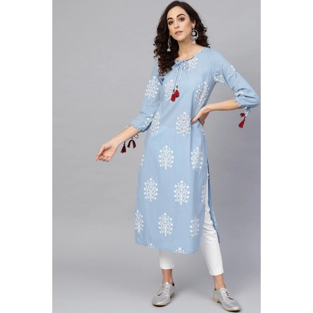 pkrkart Women's Casual 3/4 th Sleeve Embroidery Cambric Cotton Kurti (Blue)