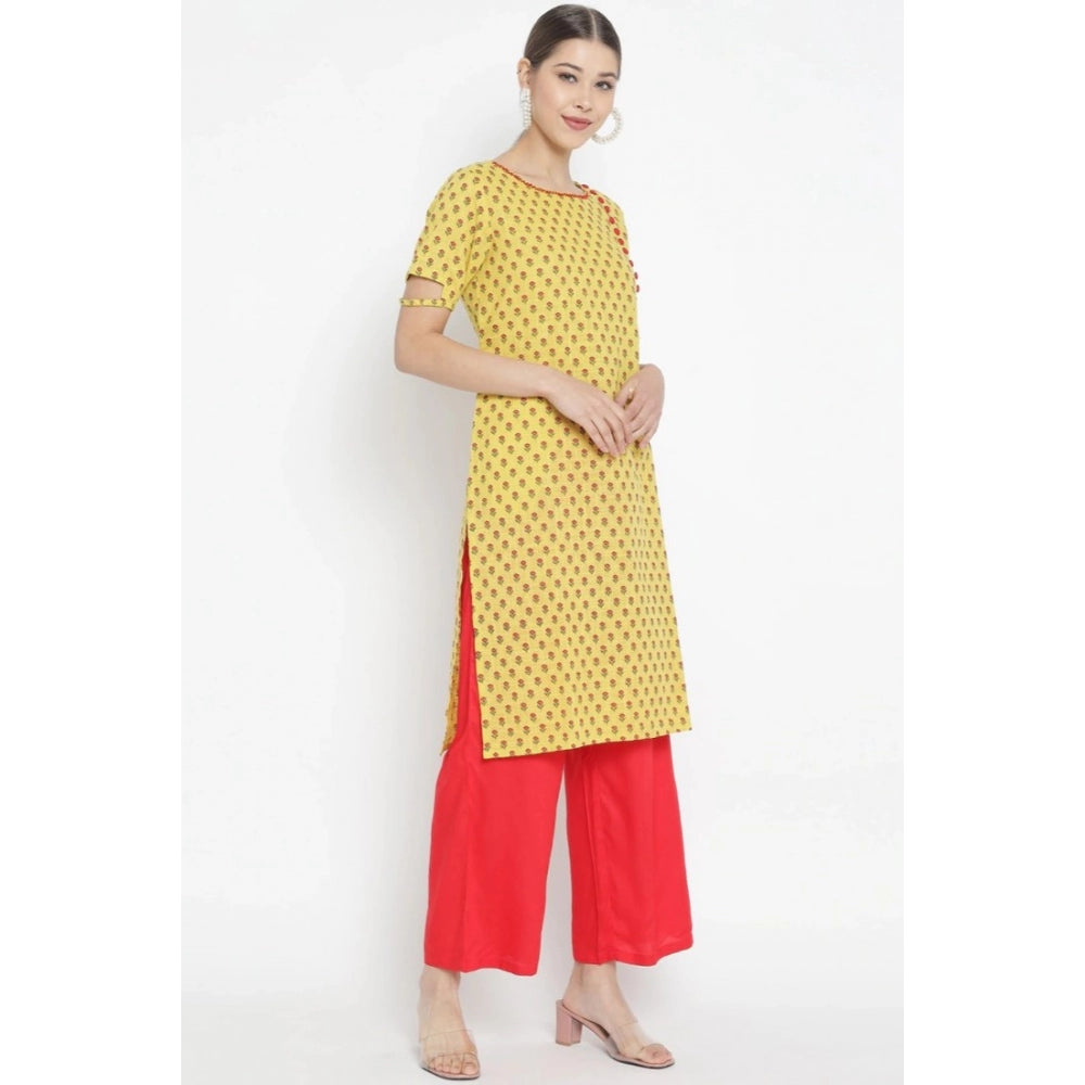 pkrkart Women's Casual Short Sleeves Floral Printed Cotton &amp; Rayon Kurti Palazzo Set (Yellow &amp; Red)