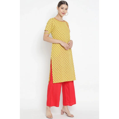 pkrkart Women's Casual Short Sleeves Floral Printed Cotton &amp; Rayon Kurti Palazzo Set (Yellow &amp; Red)