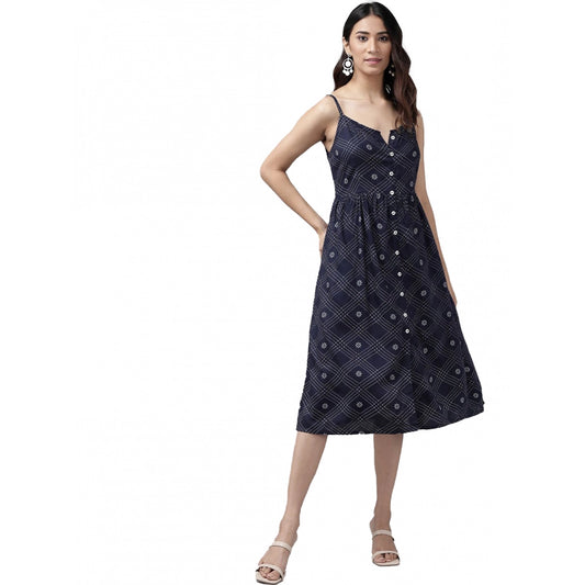 PKRKART Women's Casual Sleeveless Stripe Printed Rayon Dress (Blue)