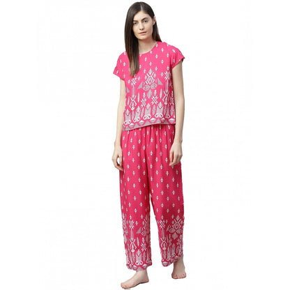 PKRKART Women's Casual Short Sleeve Printed Rayon Pajama Set (Pink)
