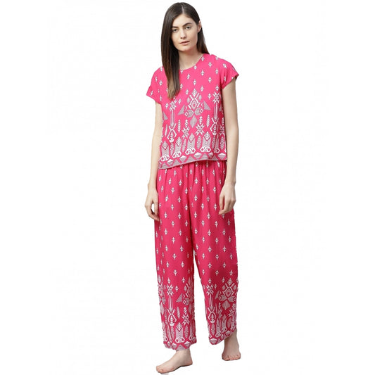 PKRKART Women's Casual Short Sleeve Printed Rayon Pajama Set (Pink)