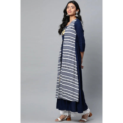pkrkart Women's Casual 3/4 th Sleeve Geometric Rayon Kurti (Navy Blue)