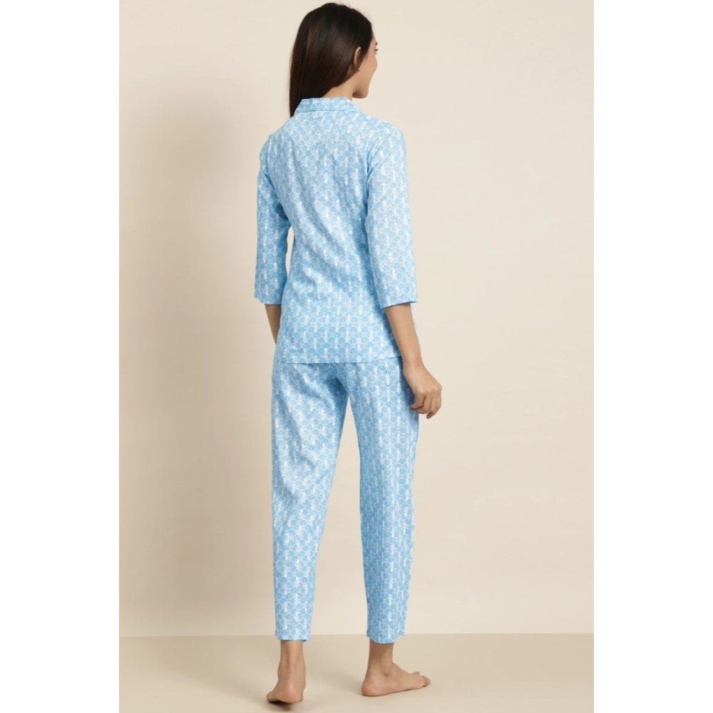 PKRKART Women's Casual 3/4 th Sleeve Floral Printed Rayon Shirt With Pyjama Pant Night Suit Set (Blue)