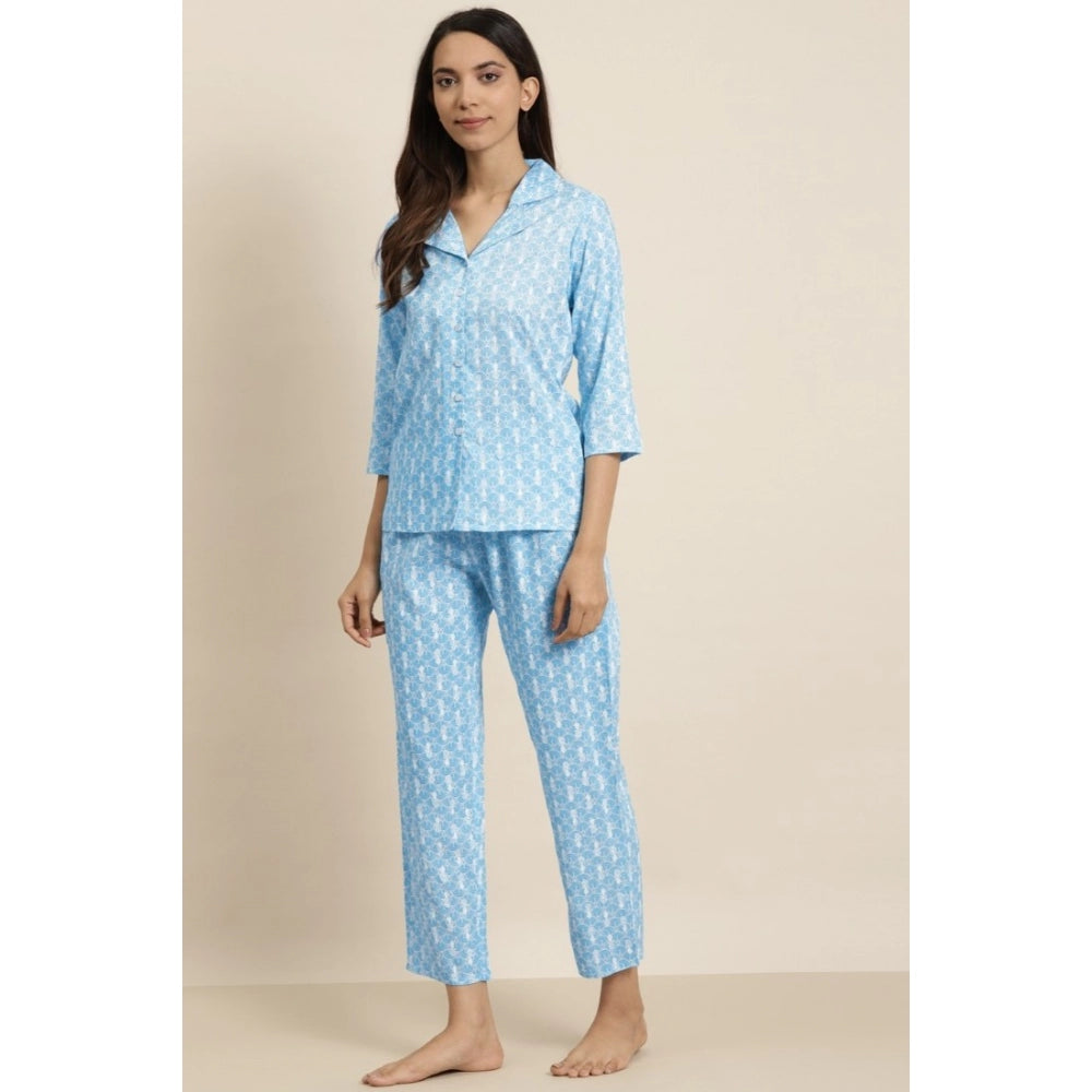 PKRKART Women's Casual 3/4 th Sleeve Floral Printed Rayon Shirt With Pyjama Pant Night Suit Set (Blue)