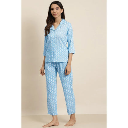 PKRKART Women's Casual 3/4 th Sleeve Floral Printed Rayon Shirt With Pyjama Pant Night Suit Set (Blue)