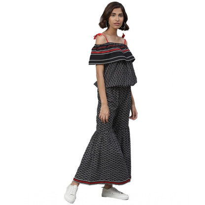 PKRKART Women's Casual shoulder sleeve Geomatrical Printed Cotton Dress (Black)
