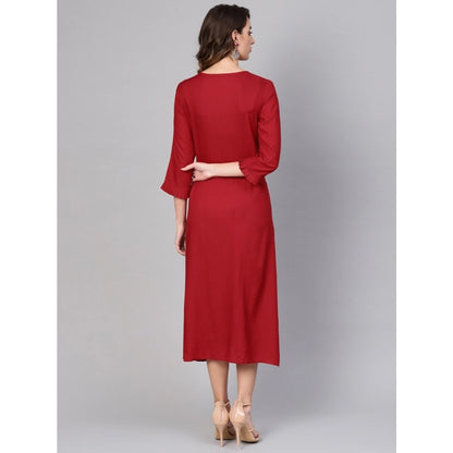 PKRKART Women's Casual 3/4 th Sleeve Solid Rayon Dobby Dress (Maroon)