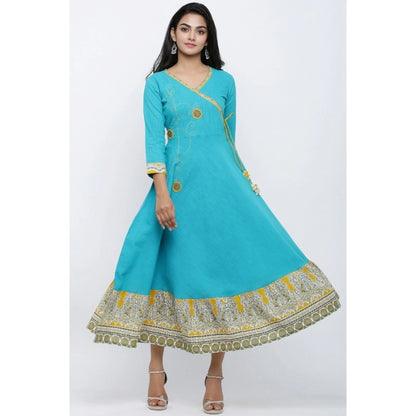 pkrkart Women's Casual 3/4 th Sleeve Embroidery Cotton Blend Kurti (Torque Green)