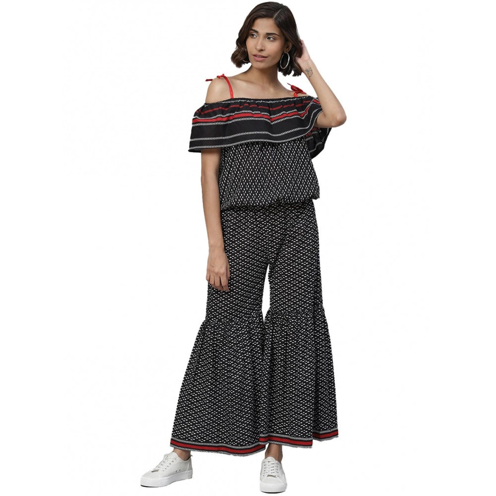PKRKART Women's Casual shoulder sleeve Geomatrical Printed Cotton Dress (Black)