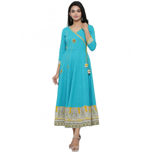 pkrkart Women's Casual 3/4 th Sleeve Embroidery Cotton Blend Kurti (Torque Green)