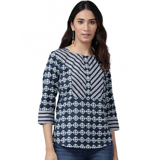 PKRKART Women's Casual 3/4 th Sleeve Floral Printed Cotton Top (Blue)