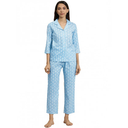 PKRKART Women's Casual 3/4 th Sleeve Floral Printed Rayon Shirt With Pyjama Pant Night Suit Set (Blue)