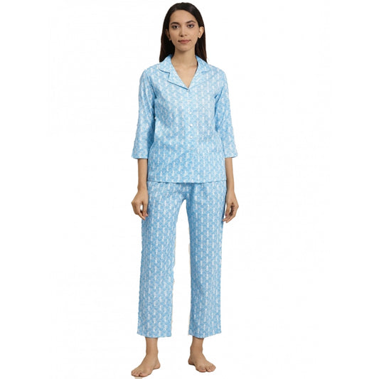 PKRKART Women's Casual 3/4 th Sleeve Floral Printed Rayon Shirt With Pyjama Pant Night Suit Set (Blue)