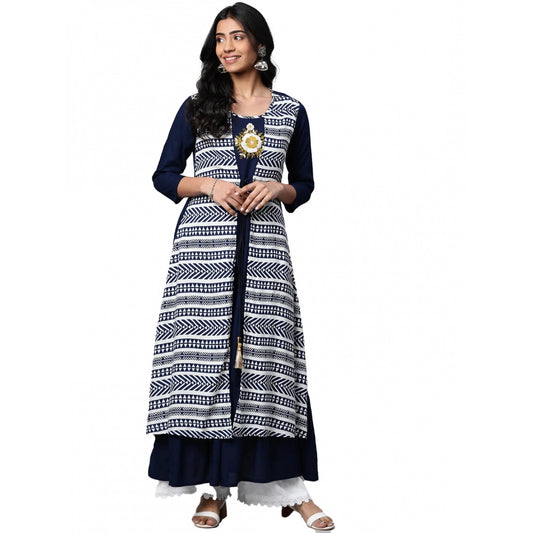 pkrkart Women's Casual 3/4 th Sleeve Geometric Rayon Kurti (Navy Blue)