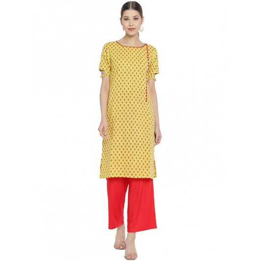 pkrkart Women's Casual Short Sleeves Floral Printed Cotton &amp; Rayon Kurti Palazzo Set (Yellow &amp; Red)