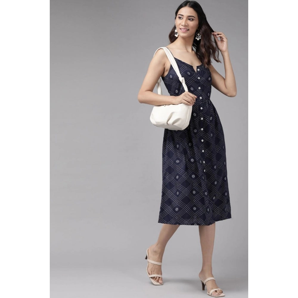 PKRKART Women's Casual Sleeveless Stripe Printed Rayon Dress (Blue)
