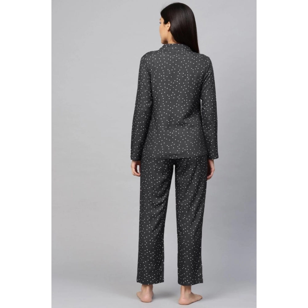 PKRKART Women's Casual Full Sleeves Polka Dot Printed Rayon Shirt With Pyjama Pant Night Suit Set (Grey)