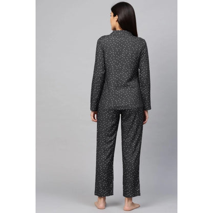 PKRKART Women's Casual Full Sleeves Polka Dot Printed Rayon Shirt With Pyjama Pant Night Suit Set (Grey)