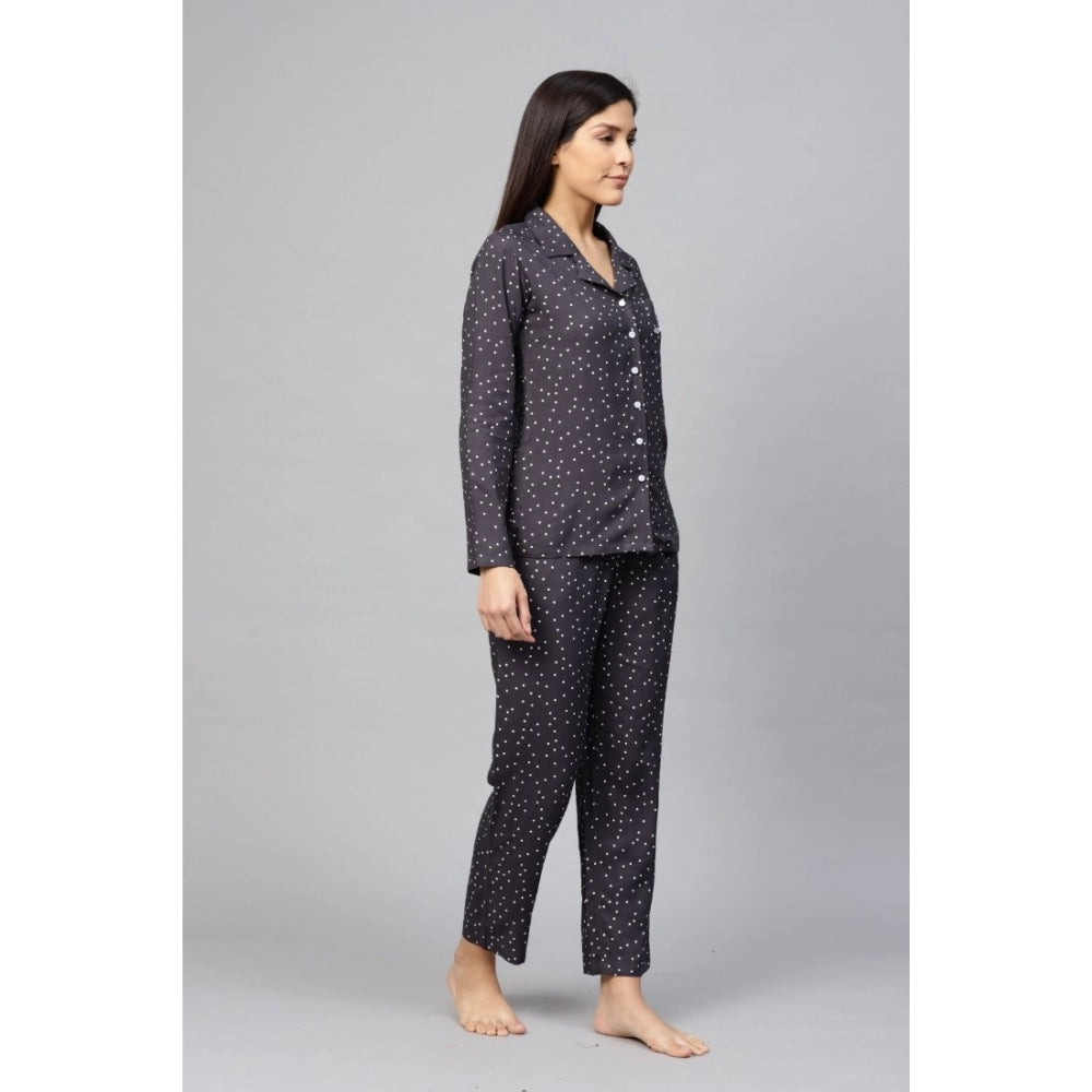 PKRKART Women's Casual Full Sleeves Polka Dot Printed Rayon Shirt With Pyjama Pant Night Suit Set (Grey)