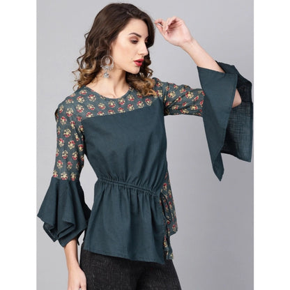 PKRKART Women's Casual Bell Sleeves Floral Printed Cotton Slub Top (Grey)