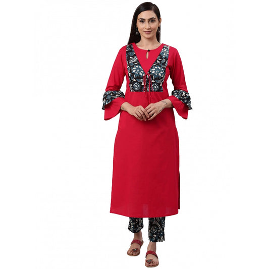 pkrkart Women's Casual Bell Sleeves Floral Printed Cotton Kurti Set (Rani Pink)