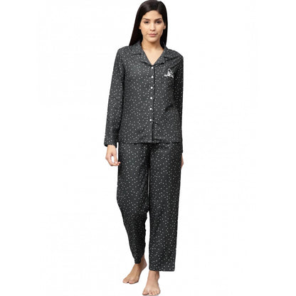 PKRKART Women's Casual Full Sleeves Polka Dot Printed Rayon Shirt With Pyjama Pant Night Suit Set (Grey)