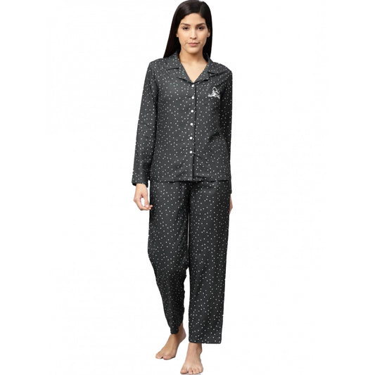 PKRKART Women's Casual Full Sleeves Polka Dot Printed Rayon Shirt With Pyjama Pant Night Suit Set (Grey)