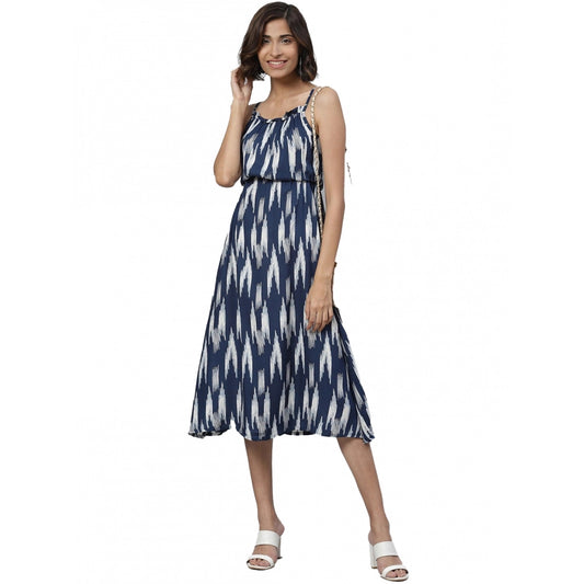 PKRKART Women's Casual Sleeveless Ikat Print Rayon Dress (Blue)