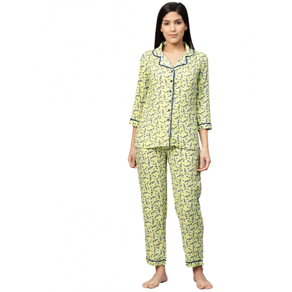 PKRKART Women's Casual 3/4 Sleeve Floral Printed Rayon Shirt With Pyjama Pant Night Suit Set (Green)