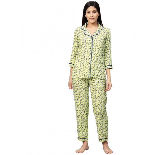 PKRKART Women's Casual 3/4 Sleeve Floral Printed Rayon Shirt With Pyjama Pant Night Suit Set (Green)
