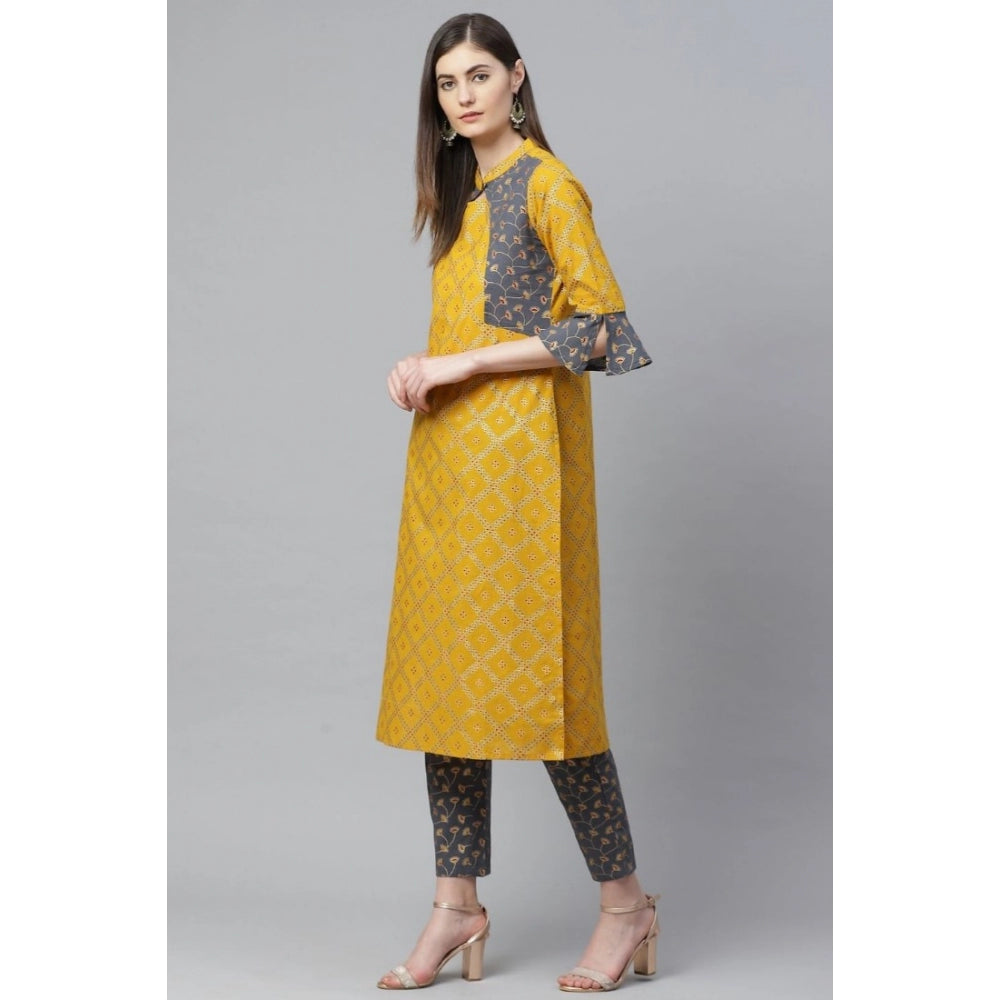 pkrkart Women's Casual Bell Sleeves Geomatrical Printed Cotton Kurti Set (Yellow)