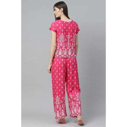 PKRKART Women's Casual Short Sleeve Printed Rayon Pajama Set (Pink)
