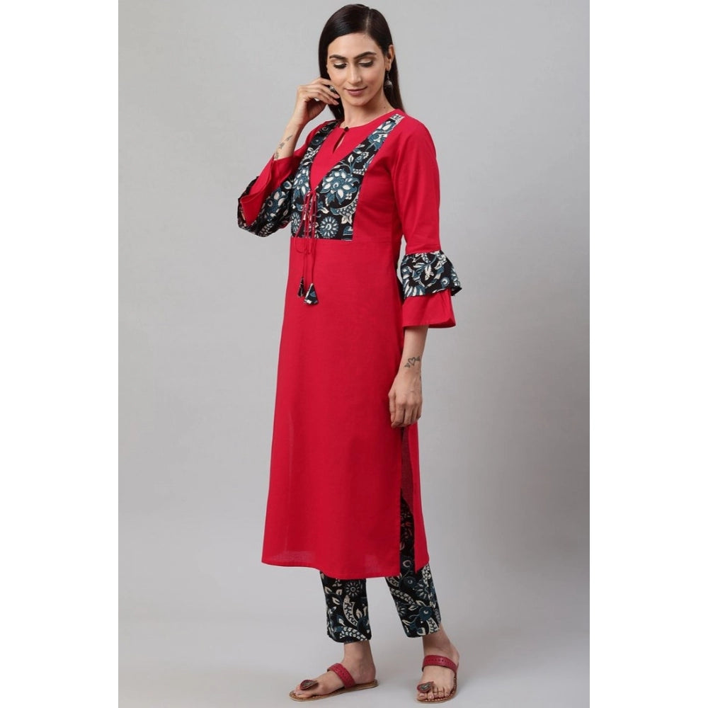 pkrkart Women's Casual Bell Sleeves Floral Printed Cotton Kurti Set (Rani Pink)