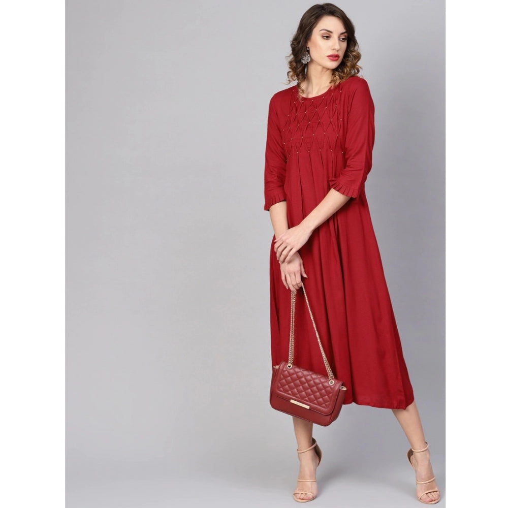 PKRKART Women's Casual 3/4 th Sleeve Solid Rayon Dobby Dress (Maroon)