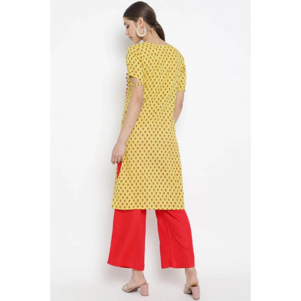 pkrkart Women's Casual Short Sleeves Floral Printed Cotton &amp; Rayon Kurti Palazzo Set (Yellow &amp; Red)