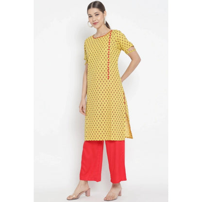 pkrkart Women's Casual Short Sleeves Floral Printed Cotton &amp; Rayon Kurti Palazzo Set (Yellow &amp; Red)