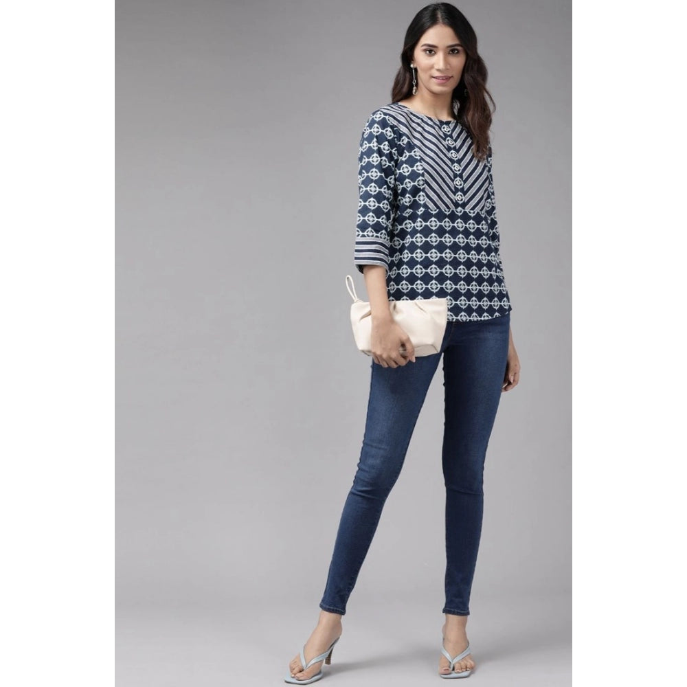 PKRKART Women's Casual 3/4 th Sleeve Floral Printed Cotton Top (Blue)