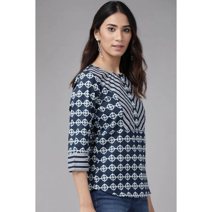 PKRKART Women's Casual 3/4 th Sleeve Floral Printed Cotton Top (Blue)