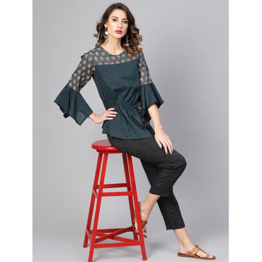 PKRKART Women's Casual Bell Sleeves Floral Printed Cotton Slub Top (Grey)