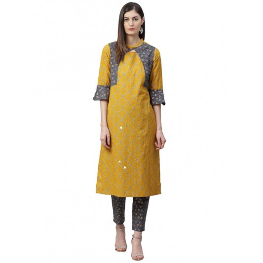 pkrkart Women's Casual Bell Sleeves Geomatrical Printed Cotton Kurti Set (Yellow)